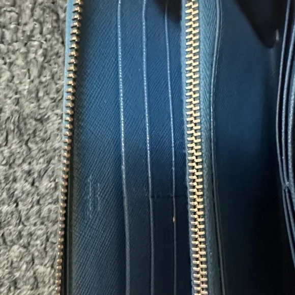 Prada Blue Saffiano Zip-Around Leather Wallet with Gold Logo